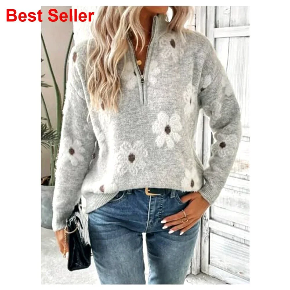 Quarter Zip Floral Pullover Sweater Long Sleeve V Neck Casual Top - Picture 6 of 7